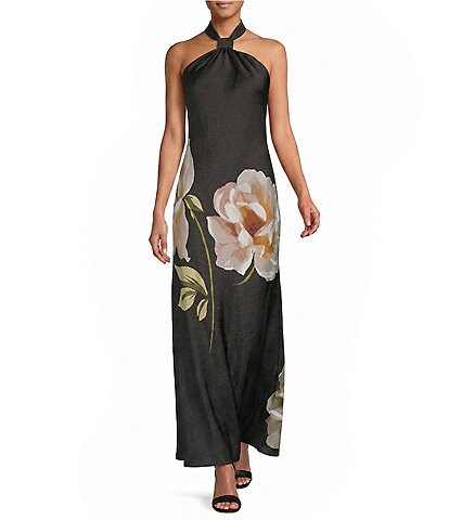 julia jordan knot neck halter dress Mikado Floral Print Square Sleeveless A-Line Gown Ebay