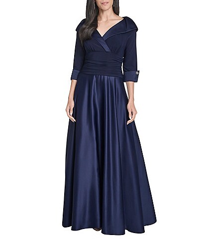 Jessica Howard Portrait Collar V-Neck 3/4 Sleeve Rhinestone Cuff Ruched Waist Satin Gown