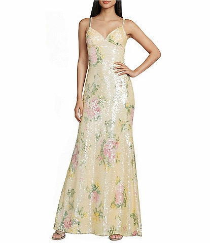City Vibe Floral Printed Sequin Mesh Twist Front Bandeau Side Slit Dress