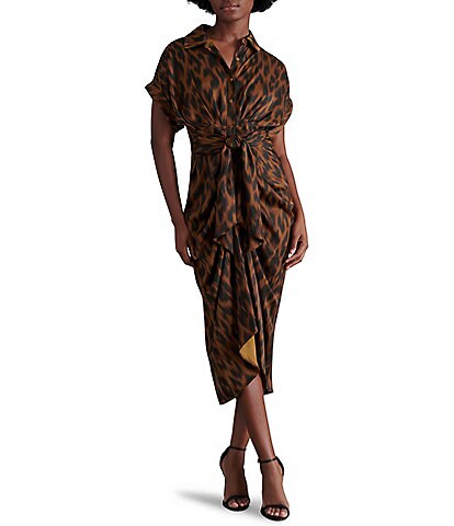 tori knit dress steve madden Satin Snake Print Point Collar Short Kimono Cuff Sleeve Tie Front Midi Shirt Prom dress