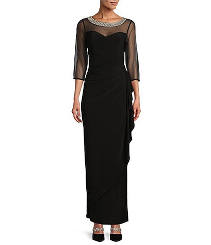 Ignite Evenings Petite Size Boat Neck 3/4 Embellished Sleeve Ruched Waist Sheath Dress