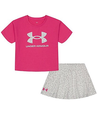 Under Armour Little Girls 2T-6X Short Sleeve Script Logo Tee & Cheetah Skort Skirt Set