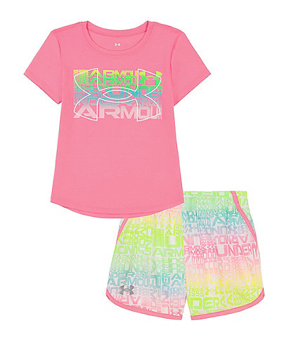 Under Armour Little Girls 2T-6X Short Sleeve Repeating Logo Printed T-Shirt & Sublimation-Printed Shorts Set
