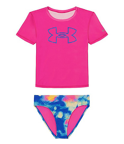 Under Armour Little Girls 4-6X Short Sleeve Icon Logo Rashguard T-Shirt & Printed Hipster Bottom Two-Piece Swimsuit