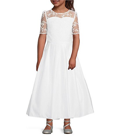 Us Angels Big Girls 7-14 Elbow Sleeve Round Neck Embroidered Lace Satin Pocket Dress