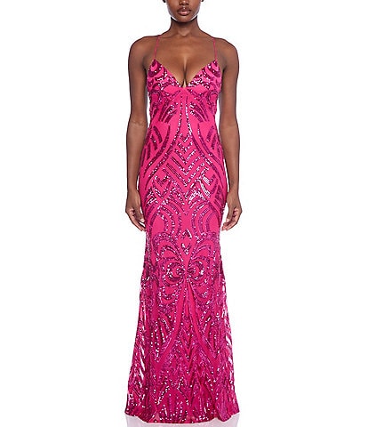 B. Darlin Pattern Sequin V-Neck Strappy Back Gown