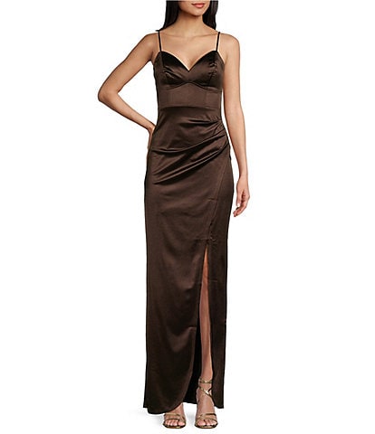 Honey and Rosie V-Neck Pleated Side Slit Corset Gown