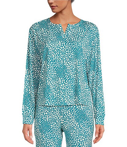 VAN WINKLE & CO. Knit Spot Print Split Round Neck Long Sleeve Coordinating Sleep Shirt