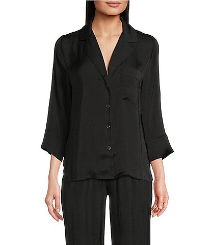 VAN WINKLE & CO. 3/4 Sleeve Notch Collar Solid Satin Coordinating Sleep Top