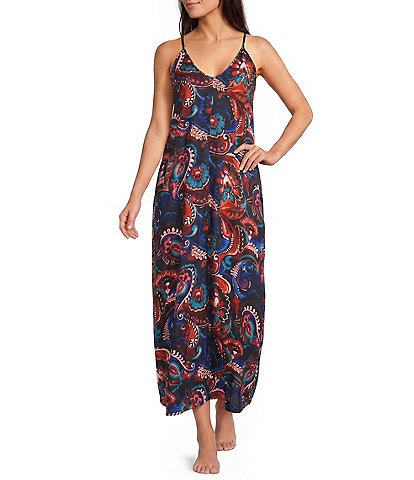 VAN WINKLE & CO. Moody Paisley Sleeveless V-Neck Satin Maxi Chemise