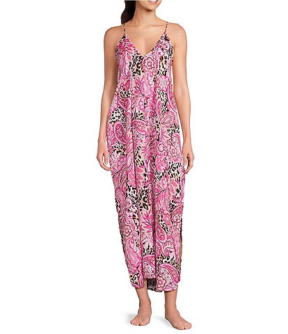 VAN WINKLE & CO. Paisley Animal Print Woven Satin V-Neck Sleeveless Maxi Chemise