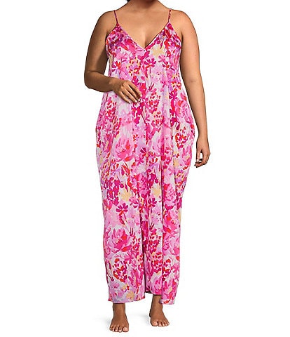 VAN WINKLE & CO. Plus Size Floral Print Woven Satin Sleeveless V-Neck Maxi Chemise