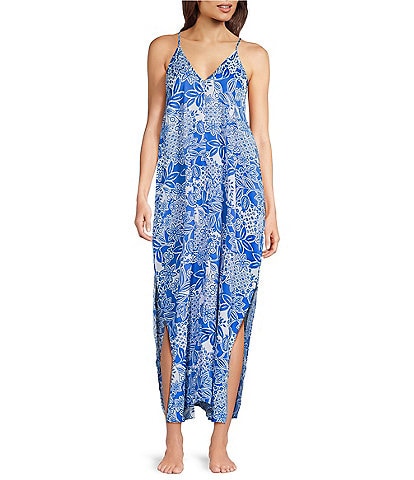 VAN WINKLE & CO. Satin Geo Floral Print Sleeveless V-Neck Maxi Chemise