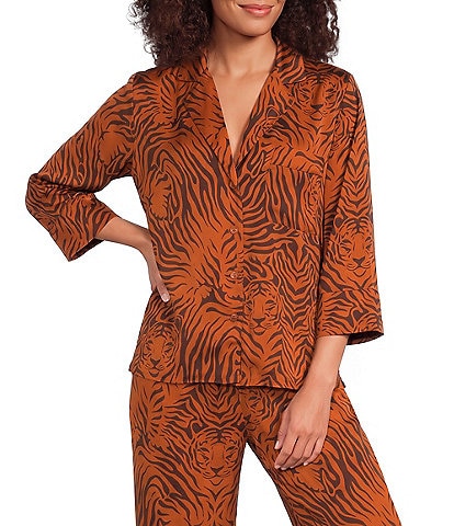 Van Winkle & Co. Satin Wild Tiger Print 3/4 Sleeve Notch Collar Coordinating Sleep Top