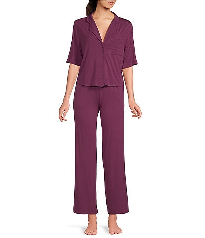 VAN WINKLE & CO. Solid Jersey Knit Short Sleeve Notch Collar Long Pajama Set