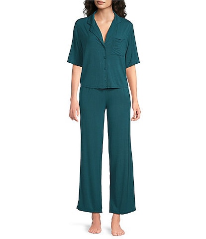 VAN WINKLE & CO. Solid Jersey Knit Short Sleeve Notch Collar Long Pajama Set