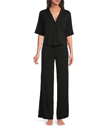 VAN WINKLE & CO. Solid Jersey Knit Short Sleeve Notch Collar Long Pajama Set