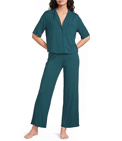 VAN WINKLE & CO. Solid Jersey Knit Short Sleeve Notch Collar Long Pajama Set