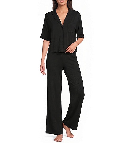 VAN WINKLE & CO. Solid Jersey Knit Short Sleeve Notch Collar Long Pajama Set