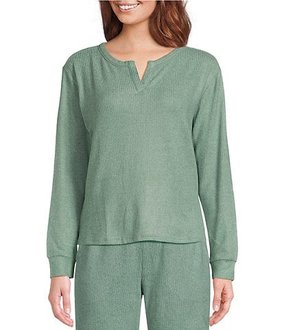 VAN WINKLE & CO. Solid Ribbed Knit Split Round Neck Long Sleeve Coordinating Sleep Shirt