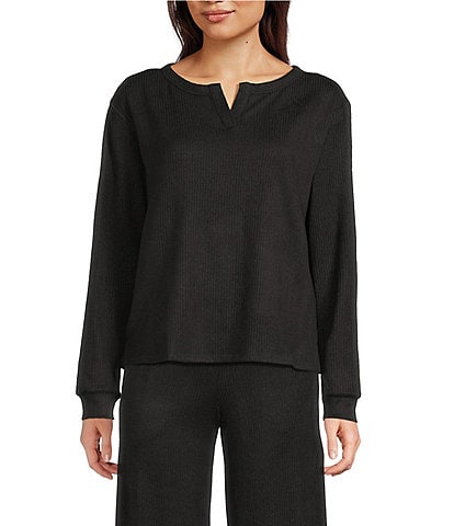 VAN WINKLE & CO. Solid Ribbed Knit Split Round Neck Long Sleeve Coordinating Sleep Top
