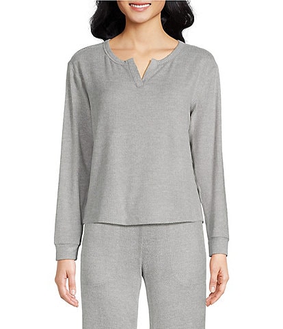 VAN WINKLE & CO. Solid Ribbed Knit Split V-Neck Long Sleeve Coordinating Sleep Top