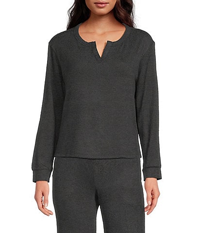 VAN WINKLE & CO. Solid Ribbed Knit Split V-Neck Long Sleeve Coordinating Sleep Top