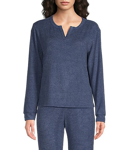 VAN WINKLE & CO. Solid Ribbed Knit Split V-Neck Long Sleeve Coordinating Sleep Top