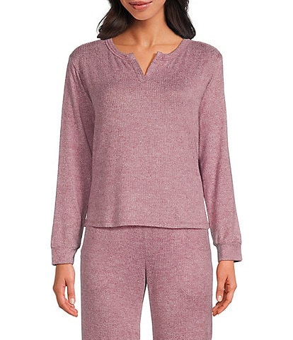 VAN WINKLE & CO. Solid Ribbed Knit Split V-Neck Long Sleeve Coordinating Sleep Top