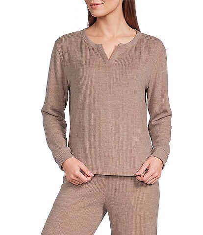 VAN WINKLE & CO. Solid Ribbed Knit Split V-Neck Long Sleeve Coordinating Sleep Top