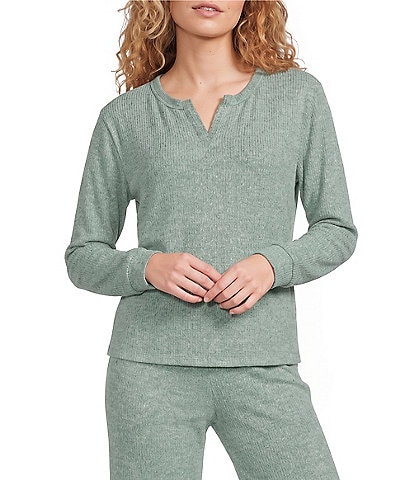 VAN WINKLE & CO. Solid Ribbed Knit Split V-Neck Long Sleeve Coordinating Sleep Top