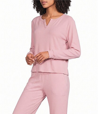 VAN WINKLE & CO. Solid Ribbed Knit Split V-Neck Long Sleeve Coordinating Sleep Top