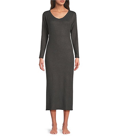 Van Winkle & Co. Solid V-Neck Long Sleeve Knit Midi Nightgown