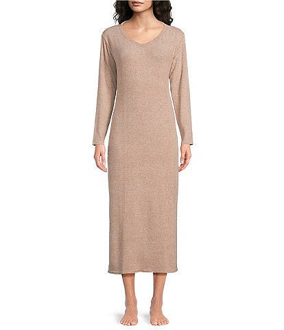 Van Winkle & Co. Solid V-Neck Long Sleeve Knit Midi Nightgown