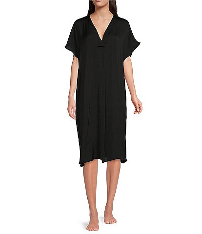 VAN WINKLE & CO. Solid V-Neck Short Dolman Sleeve Satin Side Slit Midi Nightgown