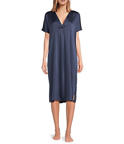 VAN WINKLE & CO. Solid V-Neck Short Dolman Sleeve Satin Midi Nightgown