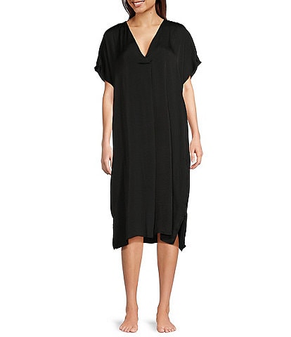 VAN WINKLE & CO. Solid V-Neck Short Dolman Sleeve Satin Midi Nightgown