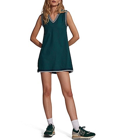 Varley Amanda Court V-Neck Sleeveless Micro Jersey Knit Contrast Stripe Trim Shift Mini Dress