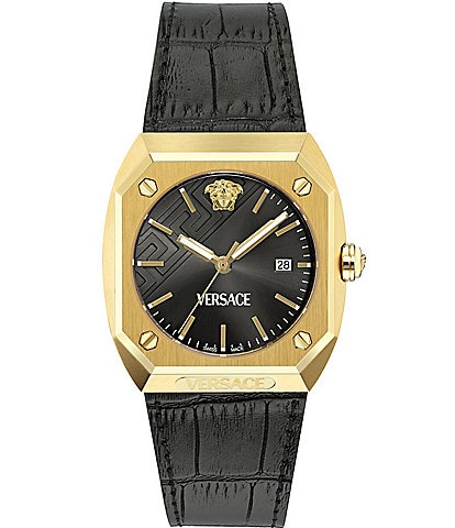 Versace Men's Gold Antares Analog Black Leather Strap Watch