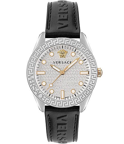 Versace Men's Greca Dome Quartz Analog Black Leather Strap Watch