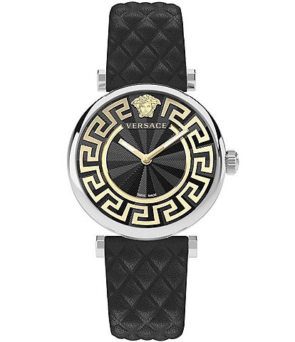 Versace Women's Greca Chic Quartz Analog Black Leather Strap Watch