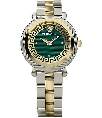 Versace Women's Greca Flourish Quartz Analog Two Tone Green Dial Stainless Steel Bracelet Watch