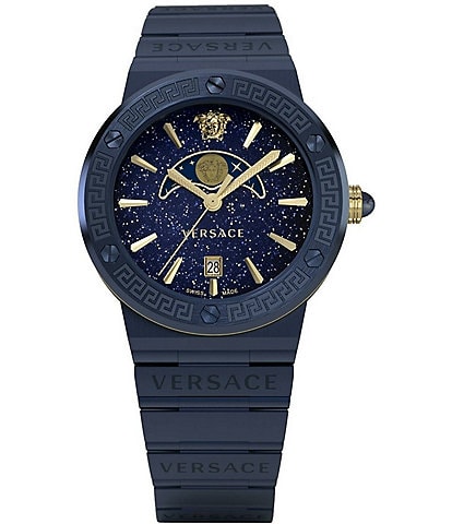 Versace Women's Greca Logo Moonphase Quartz Analog Blue Stainless Steel Bracelet Watch
