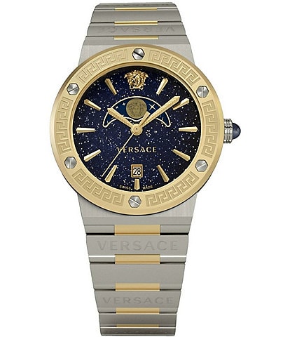 Versace Women's Greca Logo Moonphase Quartz Analog Two Tone Stainless Steel Bracelet Watch