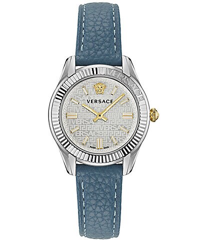 Versace Women's Greca Time Quartz Analog Blue Leather Strap Watch