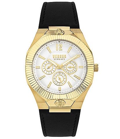 Versus By Versace Men's Echo Park Multifunction Gold Tone Black Leather Strap Watch