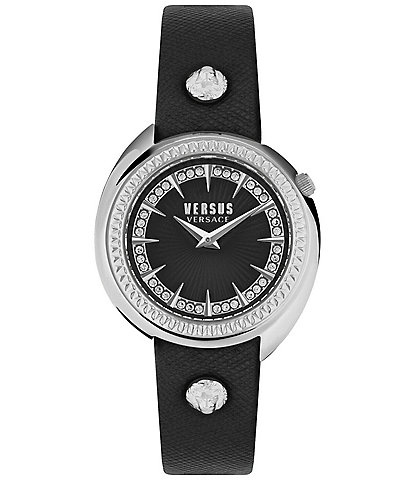 Versus By Versace Women's Tortona Crystal Two Hand Black Leather Strap Watch