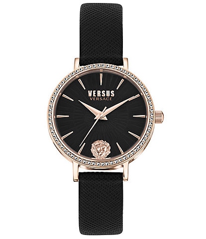 Versus Versace Women's Mar Vista Crystal Analog Black Leather Strap Watch