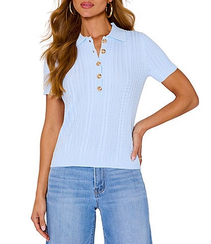 VICI Collection Collared Short Sleeve Half Button Front Top