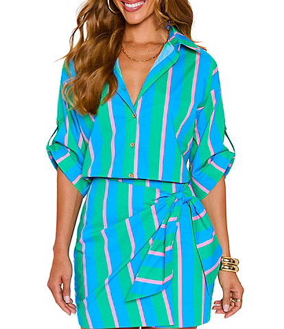 VICI Collection Coordinating Multi Stripe Point Collar Roll Sleeve Button Front Blouse